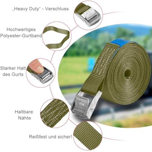 Sandax 6X Spanngurte mit Klemmschloss im Set, 4m lang, 25mm breit, Oliv-grün, Zurrgurte mit Klemmverschluss kurz, belastbar bis 250kg, DIN EN 12195-2, Einteilige Befestigungsgurte Klemmschlossgurte