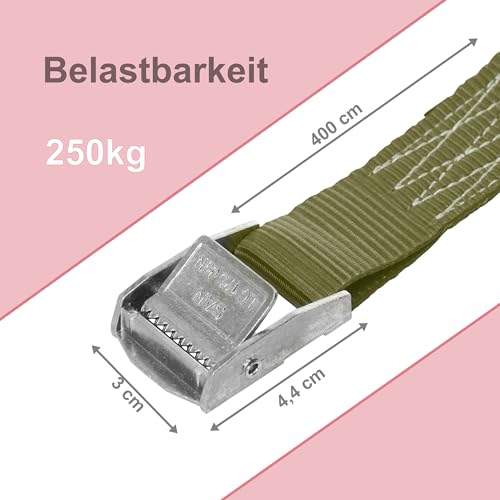 Sandax 6X Spanngurte mit Klemmschloss im Set, 4m lang, 25mm breit, Oliv-grün, Zurrgurte mit Klemmverschluss kurz, belastbar bis 250kg, DIN EN 12195-2, Einteilige Befestigungsgurte Klemmschlossgurte