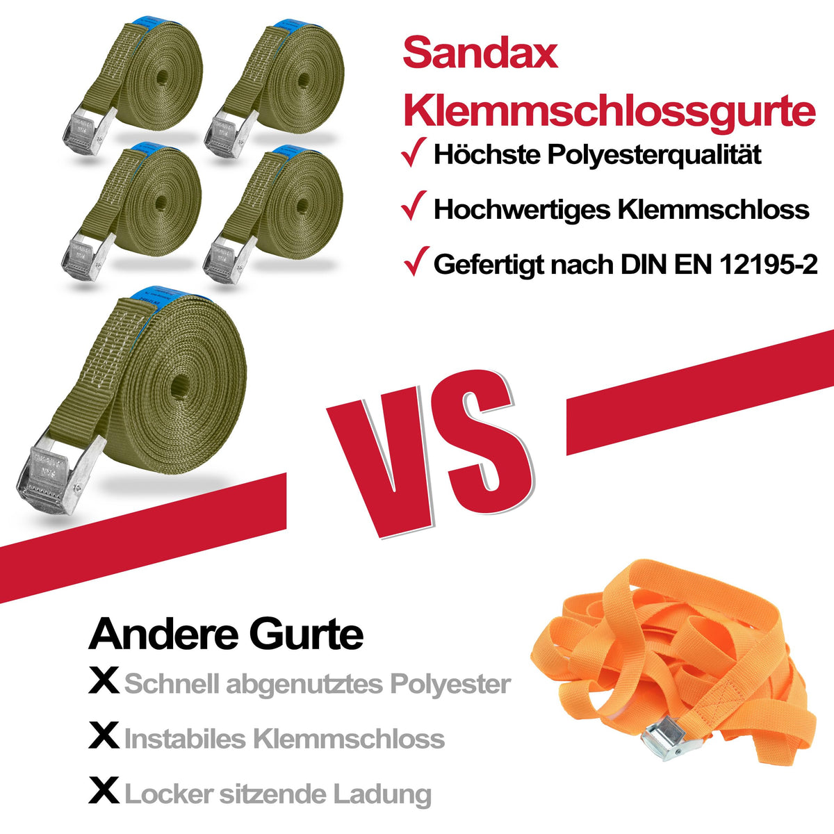 Sandax 6X Spanngurte mit Klemmschloss im Set, 4m lang, 25mm breit, Oliv-grün, Zurrgurte mit Klemmverschluss kurz, belastbar bis 250kg, DIN EN 12195-2, Einteilige Befestigungsgurte Klemmschlossgurte