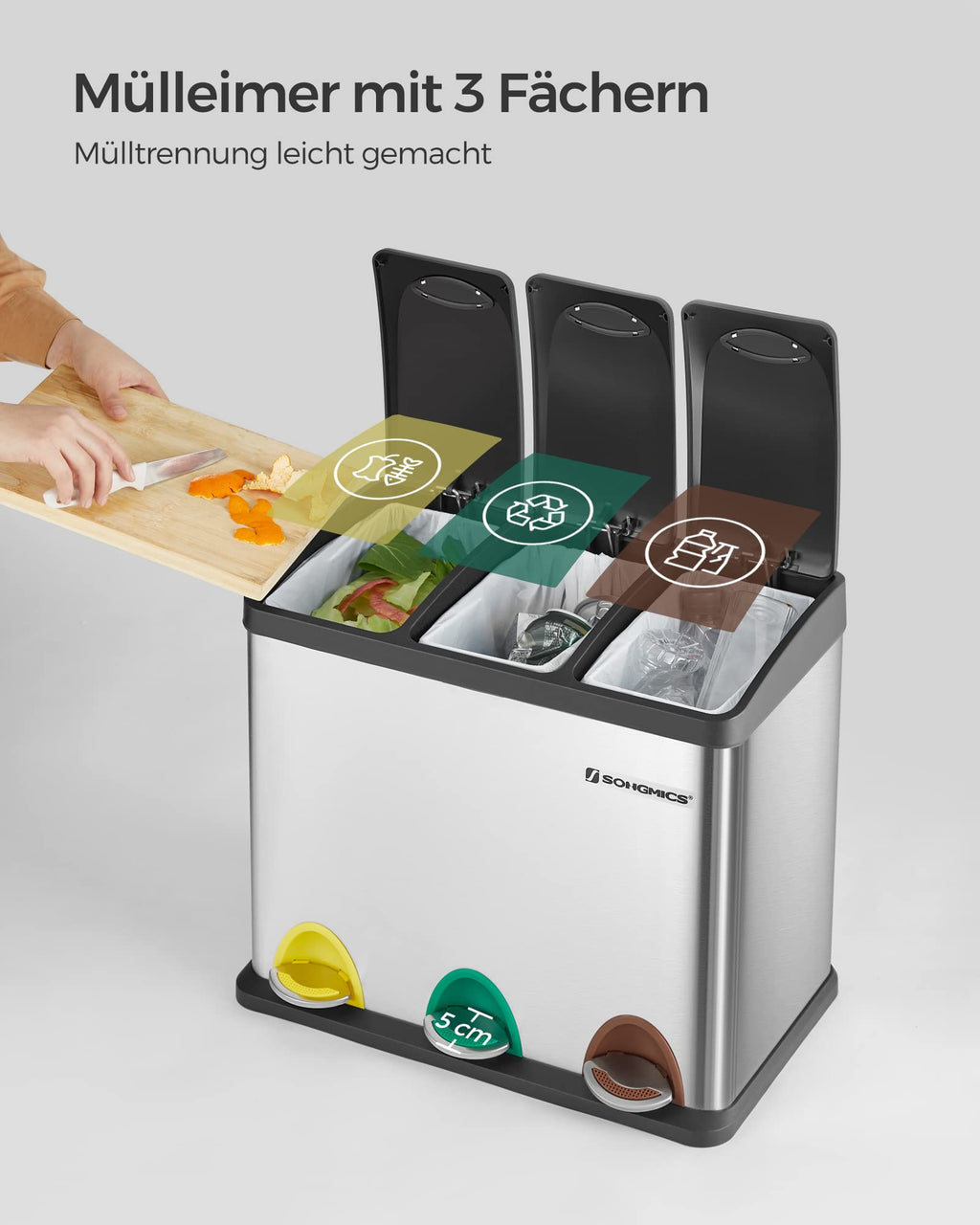 SONGMICS Mülleimer für die Küche, Treteimer mit 3 Fächern, 3 x 8 Liter