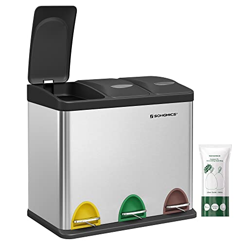 SONGMICS Mülleimer für die Küche, Treteimer mit 3 Fächern, 3 x 8 Liter