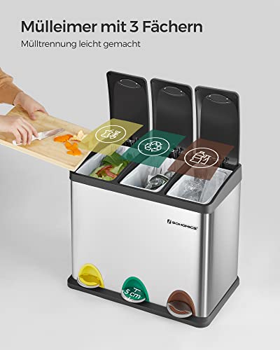 SONGMICS Mülleimer für die Küche, Treteimer mit 3 Fächern, 3 x 8 Liter