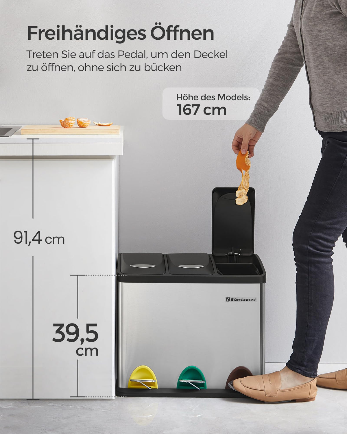 SONGMICS Mülleimer für die Küche, Treteimer mit 3 Fächern, 3 x 8 Liter