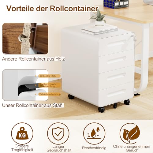 Rollcontainer, Mobiler Aktenschrank mit Schloss, Abgerundeten Ecken, 4 Schlüssel, 4 Schubladen, Büroschrank aus Metall, Bereits Vormontiert, für Büro, Heimbüro, 46T x 40B x 64H cm, Weiß