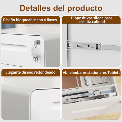Rollcontainer, Mobiler Aktenschrank mit Schloss, Abgerundeten Ecken, 4 Schlüssel, 4 Schubladen, Büroschrank aus Metall, Bereits Vormontiert, für Büro, Heimbüro, 46T x 40B x 64H cm, Weiß