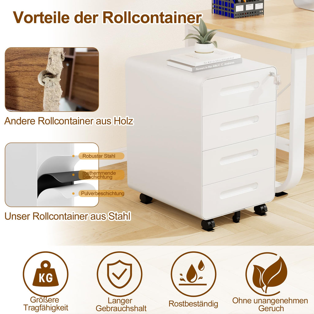 Rollcontainer, Mobiler Aktenschrank mit Schloss, Abgerundeten Ecken, 4 Schlüssel, 4 Schubladen, Büroschrank aus Metall, Bereits Vormontiert, für Büro, Heimbüro, 46T x 40B x 64H cm, Weiß