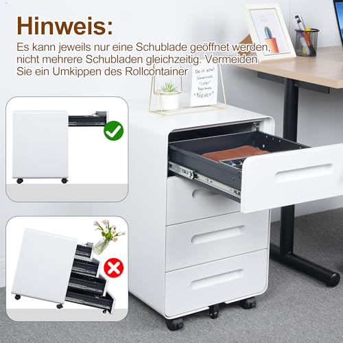Rollcontainer, Mobiler Aktenschrank mit Schloss, Abgerundeten Ecken, 4 Schlüssel, 4 Schubladen, Büroschrank aus Metall, Bereits Vormontiert, für Büro, Heimbüro, 46T x 40B x 64H cm, Weiß