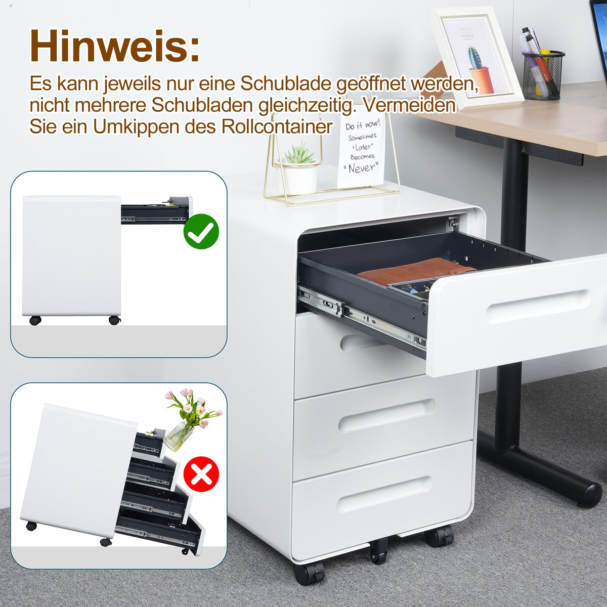 Rollcontainer, Mobiler Aktenschrank mit Schloss, Abgerundeten Ecken, 4 Schlüssel, 4 Schubladen, Büroschrank aus Metall, Bereits Vormontiert, für Büro, Heimbüro, 46T x 40B x 64H cm, Weiß