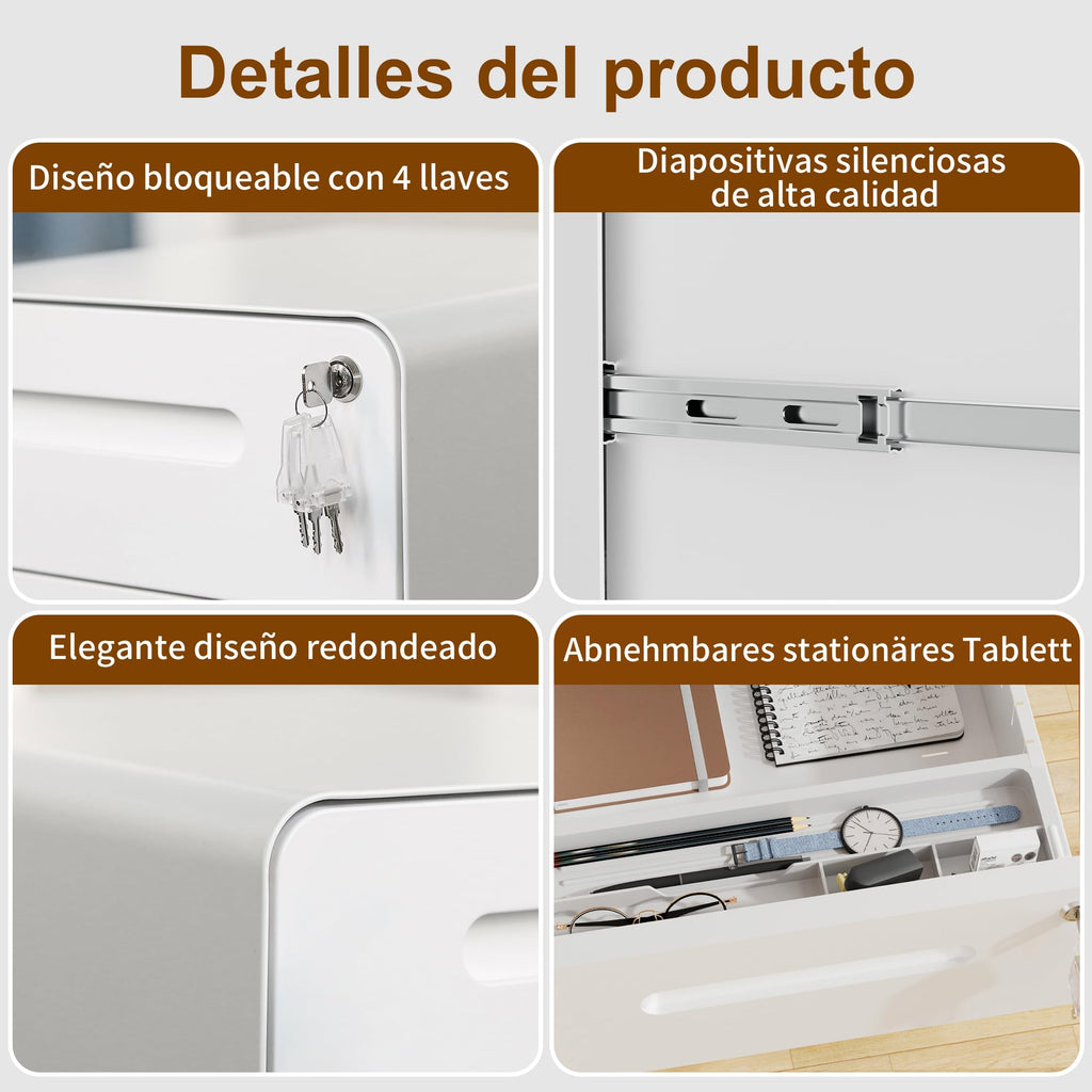 Rollcontainer, Mobiler Aktenschrank mit Schloss, Abgerundeten Ecken, 4 Schlüssel, 4 Schubladen, Büroschrank aus Metall, Bereits Vormontiert, für Büro, Heimbüro, 46T x 40B x 64H cm, Weiß