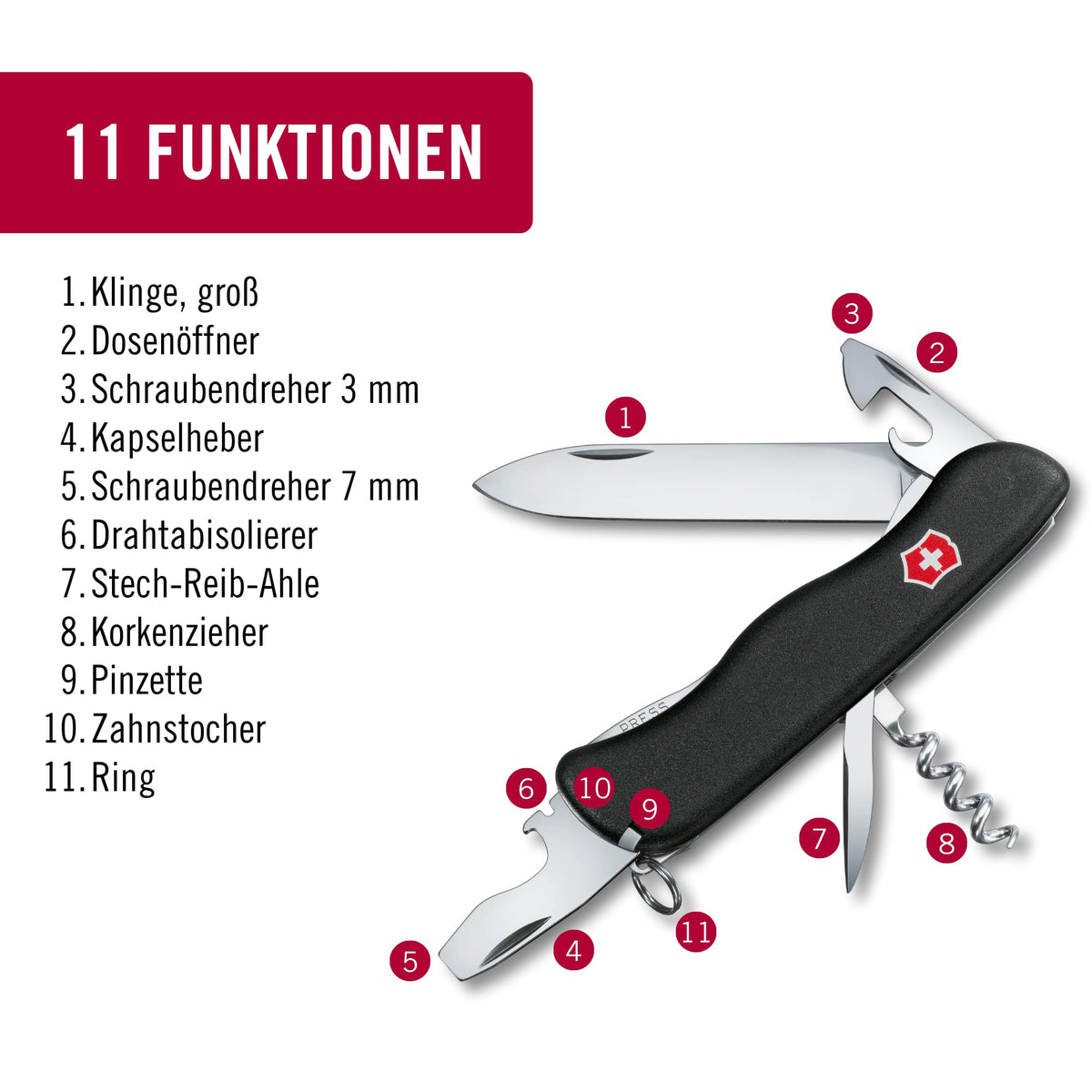 Victorinox Schweizer Taschenmesser, Picknicker, Swiss Army Knife, Multitool, 11 Funktionen, Schraubendreher, Feststellklinge, Rot