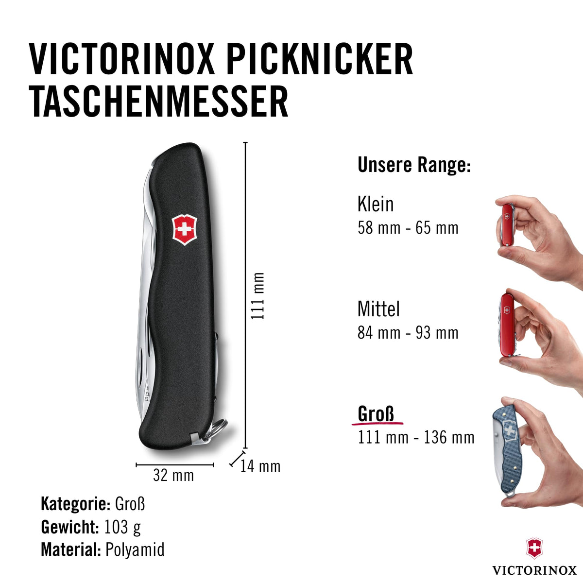 Victorinox Schweizer Taschenmesser, Picknicker, Swiss Army Knife, Multitool, 11 Funktionen, Schraubendreher, Feststellklinge, Rot