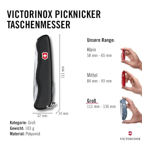 Victorinox Schweizer Taschenmesser, Picknicker, Swiss Army Knife, Multitool, 11 Funktionen, Schraubendreher, Feststellklinge, Rot
