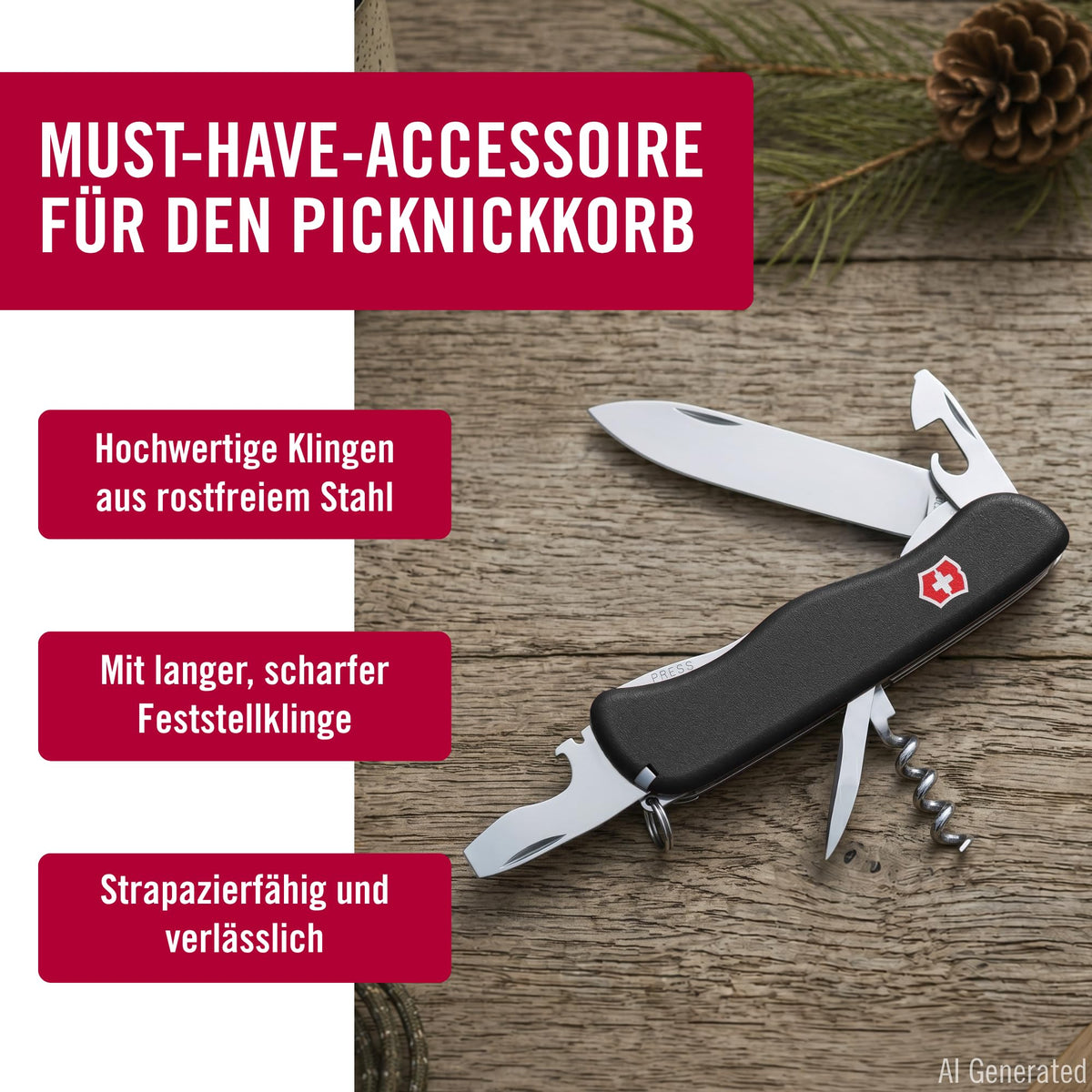 Victorinox Schweizer Taschenmesser, Picknicker, Swiss Army Knife, Multitool, 11 Funktionen, Schraubendreher, Feststellklinge, Rot