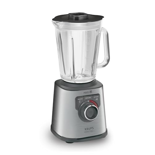 Krups KB403D Perfectmix + Hochleistungsstandmixer, 1.200W, 28.000 UpM, 2L Glasbehälter, 3 voreingestellte Programme, Powelix- Technologie, Edelstahl/Dunkelgrau