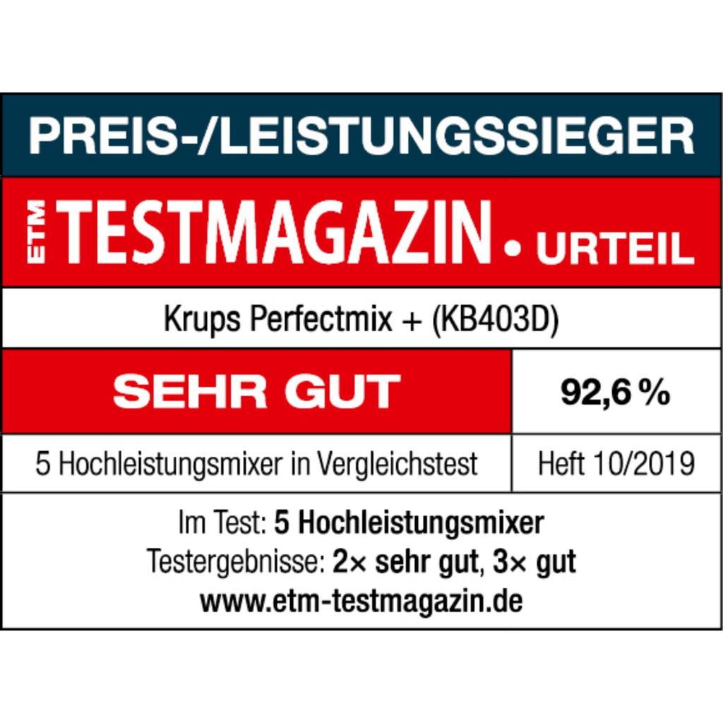 Krups KB403D Perfectmix + Hochleistungsstandmixer, 1.200W, 28.000 UpM, 2L Glasbehälter, 3 voreingestellte Programme, Powelix- Technologie, Edelstahl/Dunkelgrau