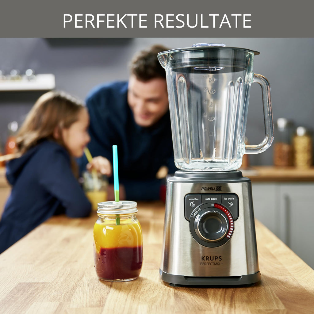 Krups KB403D Perfectmix + Hochleistungsstandmixer, 1.200W, 28.000 UpM, 2L Glasbehälter, 3 voreingestellte Programme, Powelix- Technologie, Edelstahl/Dunkelgrau