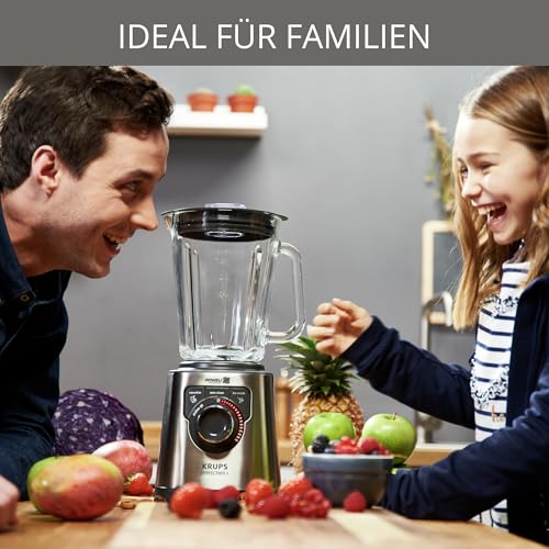 Krups KB403D Perfectmix + Hochleistungsstandmixer, 1.200W, 28.000 UpM, 2L Glasbehälter, 3 voreingestellte Programme, Powelix- Technologie, Edelstahl/Dunkelgrau