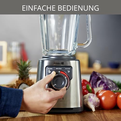 Krups KB403D Perfectmix + Hochleistungsstandmixer, 1.200W, 28.000 UpM, 2L Glasbehälter, 3 voreingestellte Programme, Powelix- Technologie, Edelstahl/Dunkelgrau
