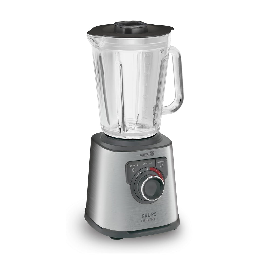 Krups KB403D Perfectmix + Hochleistungsstandmixer, 1.200W, 28.000 UpM, 2L Glasbehälter, 3 voreingestellte Programme, Powelix- Technologie, Edelstahl/Dunkelgrau