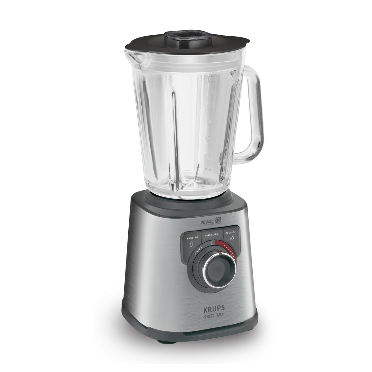 Krups KB403D Perfectmix + Hochleistungsstandmixer, 1.200W, 28.000 UpM, 2L Glasbehälter, 3 voreingestellte Programme, Powelix- Technologie, Edelstahl/Dunkelgrau