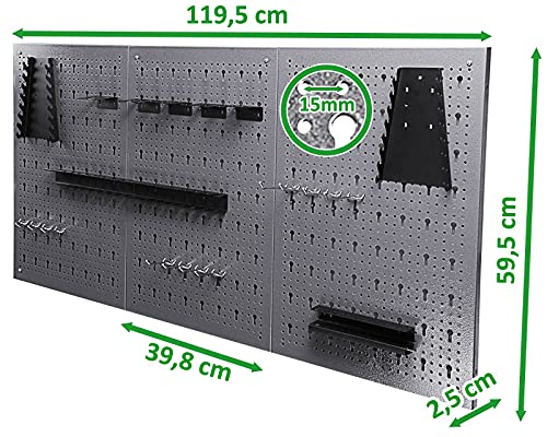 Ondis24 Werkzeugwand Metall 119,5 x 59 cm Grau – 3-teilige Lochwand mit 22-teiligem Hakenset – Wandhalterung für Werkzeuge, Bohrer, Schraubendreher & Zangen – Ordnungssystem für Werkstatt & Garage