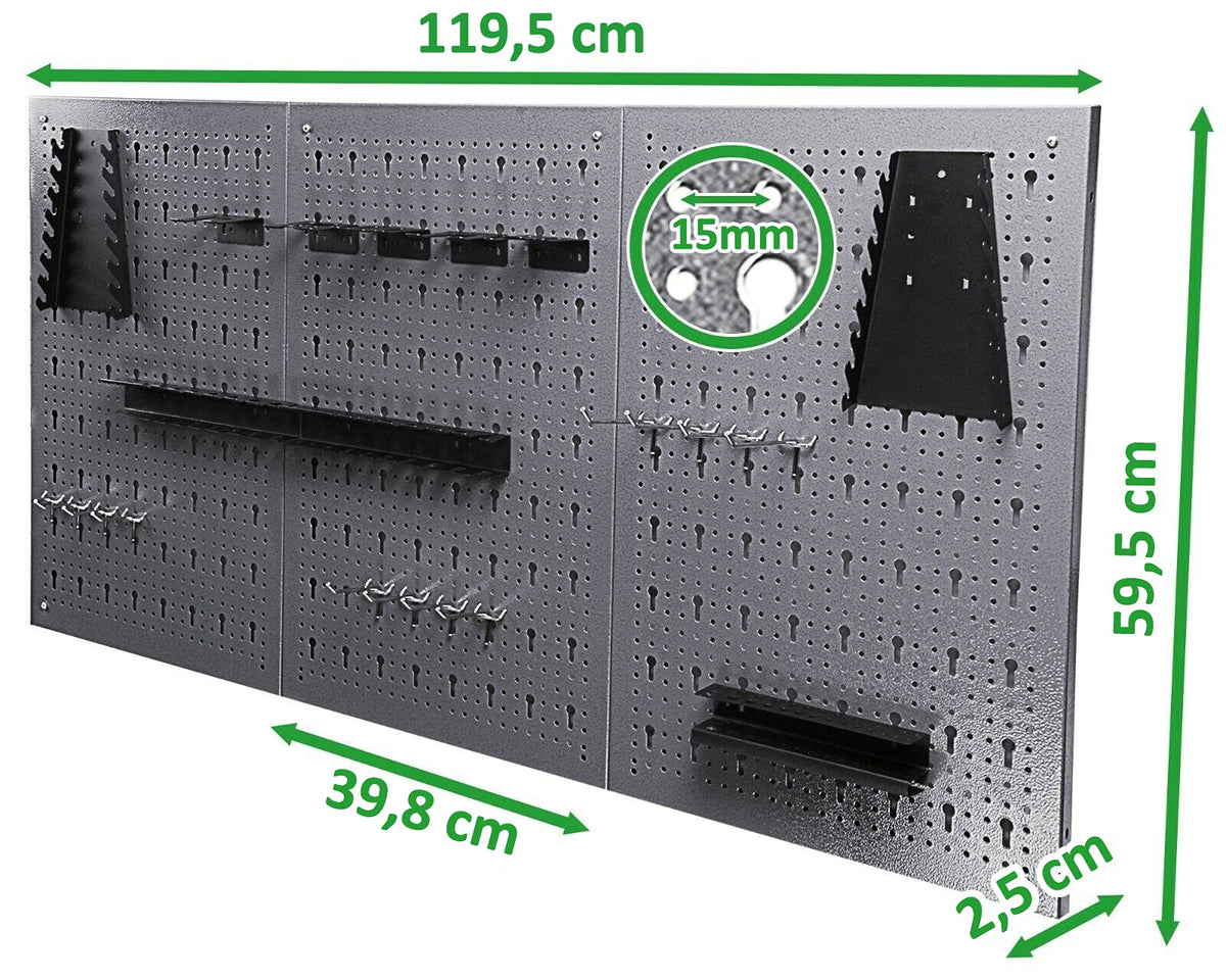 Ondis24 Werkzeugwand Metall 119,5 x 59 cm Grau – 3-teilige Lochwand mit 22-teiligem Hakenset – Wandhalterung für Werkzeuge, Bohrer, Schraubendreher & Zangen – Ordnungssystem für Werkstatt & Garage