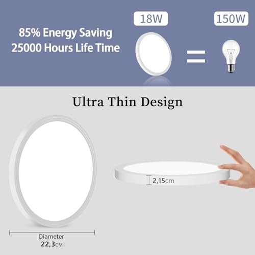 Deckenlampe LED Deckenleuchte Flach Rund, Ø223mm, Ultra Dünn Lampe Decke Flurlampe 18W Weiß 4000K 1600LM Modern IP44 Badlampe Badezimmerlampe für Wohnzimmer Schlafzimmer Balkon Bad Flur Keller Küche
