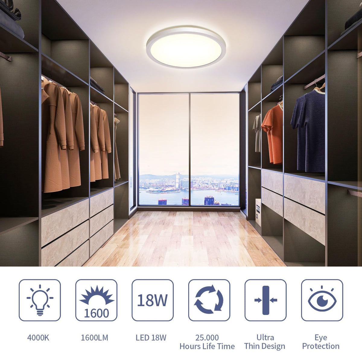 Deckenlampe LED Deckenleuchte Flach Rund, Ø223mm, Ultra Dünn Lampe Decke Flurlampe 18W Weiß 4000K 1600LM Modern IP44 Badlampe Badezimmerlampe für Wohnzimmer Schlafzimmer Balkon Bad Flur Keller Küche