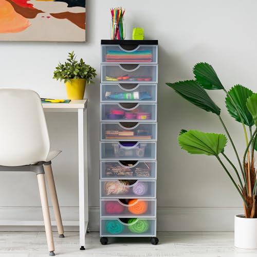 Iris Ohyama, Kunststoff Schubladenbox, 10 Flachen Fächer Schwarz, DDDC-010