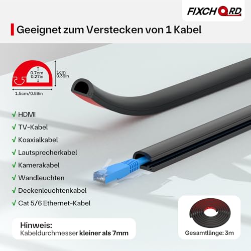 Kabelkanal Selbstklebend, Kabelkanal Klein, Kabelbodenabdeckung, Halbrunde Kabelführungen, Flammhemmend, Lackierbar, Kabelkanäle für Haushalt, Büro - 15x10 mm x 3m Länge – Schwarz