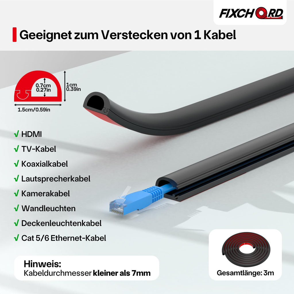Kabelkanal Selbstklebend, Kabelkanal Klein, Kabelbodenabdeckung, Halbrunde Kabelführungen, Flammhemmend, Lackierbar, Kabelkanäle für Haushalt, Büro - 15x10 mm x 3m Länge – Schwarz