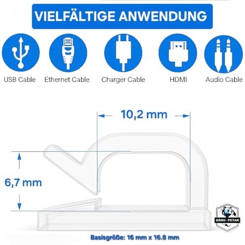 Selbstklebende Kabelclips 100 Stück – Kabelhalter & Kabelmanagement Clips – Stark haftender 3M Kleber – für USB, HDMI, Ladekabel – Büro, Auto & Zuhause