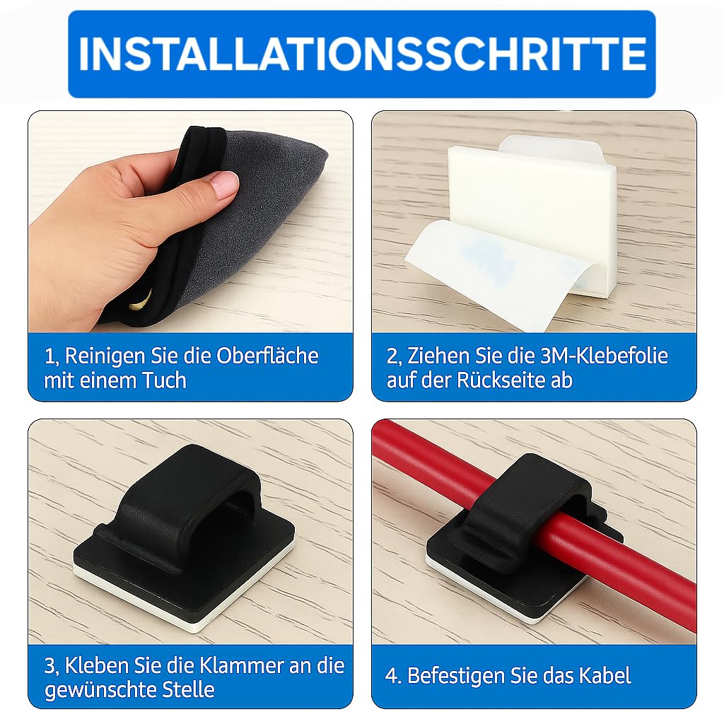 Selbstklebende Kabelclips 100 Stück – Kabelhalter & Kabelmanagement Clips – Stark haftender 3M Kleber – für USB, HDMI, Ladekabel – Büro, Auto & Zuhause