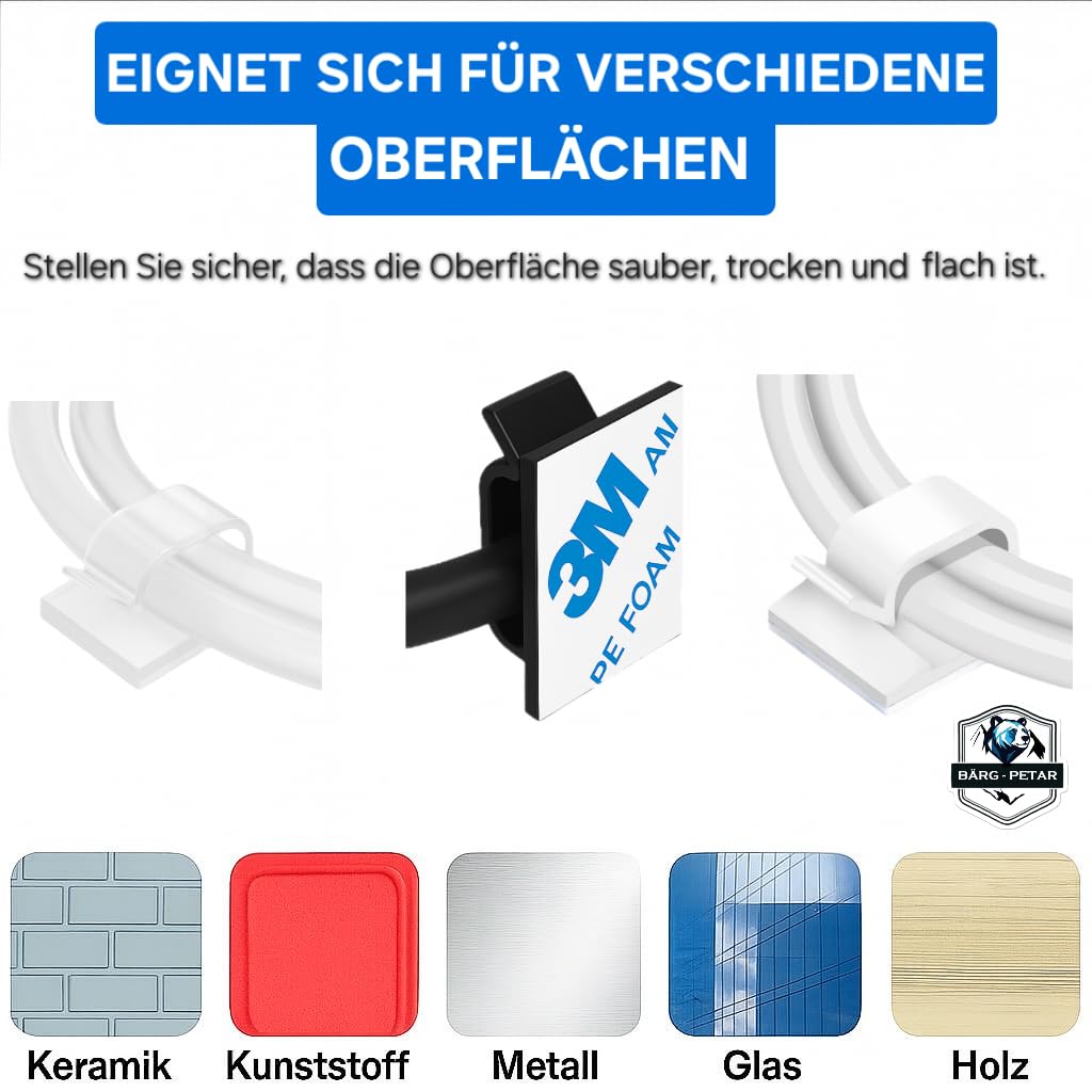 Selbstklebende Kabelclips 100 Stück – Kabelhalter & Kabelmanagement Clips – Stark haftender 3M Kleber – für USB, HDMI, Ladekabel – Büro, Auto & Zuhause