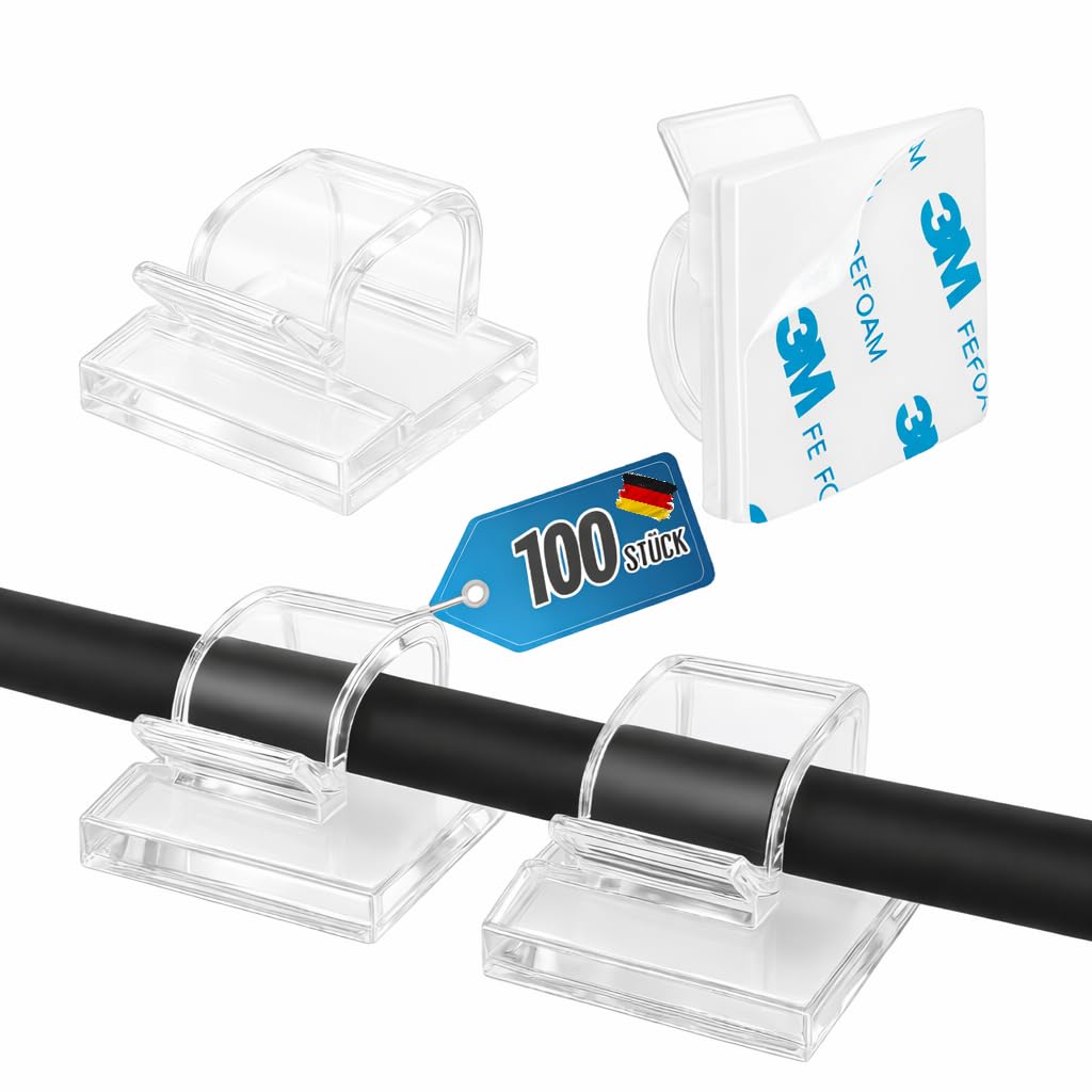Selbstklebende Kabelclips 100 Stück – Kabelhalter & Kabelmanagement Clips – Stark haftender 3M Kleber – für USB, HDMI, Ladekabel – Büro, Auto & Zuhause