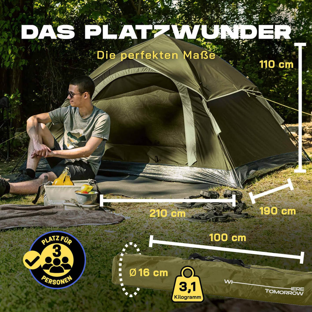 Where Tomorrow Pop Up Zelt | 2-3 Personen Zelt, 4 Personen Zelt oder 5-6 Personen Zelt | Wetterfestes Camping Zelt Regen, Schnee, Wind, Sand | mit hoher Bodenwanne, Moskitonetz, Dachlüftung