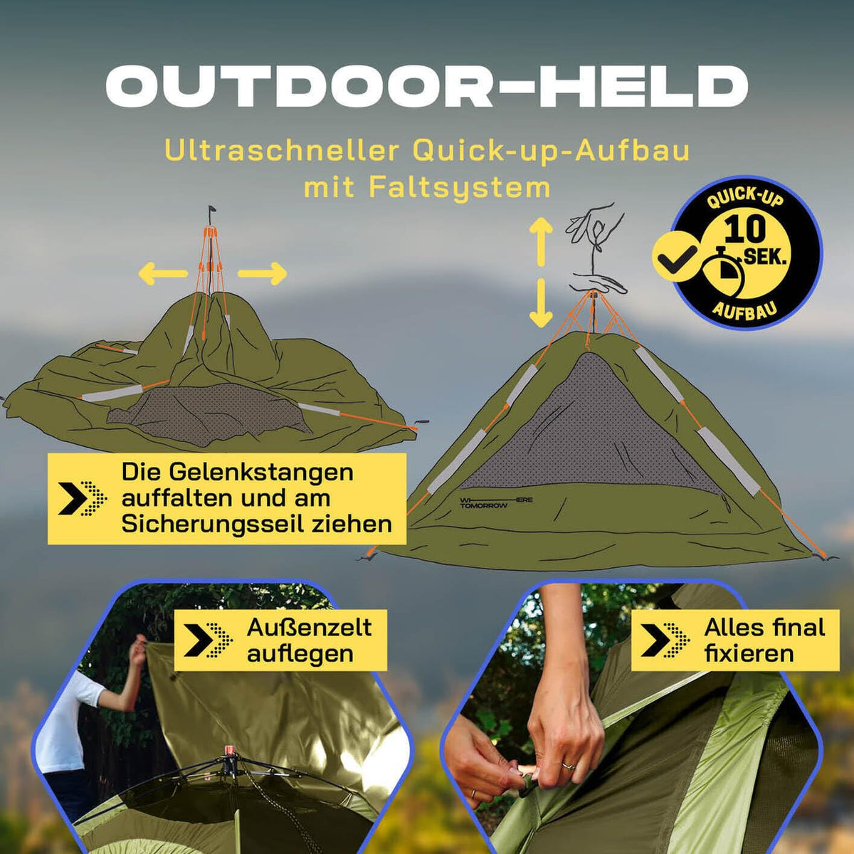 Where Tomorrow Pop Up Zelt | 2-3 Personen Zelt, 4 Personen Zelt oder 5-6 Personen Zelt | Wetterfestes Camping Zelt Regen, Schnee, Wind, Sand | mit hoher Bodenwanne, Moskitonetz, Dachlüftung