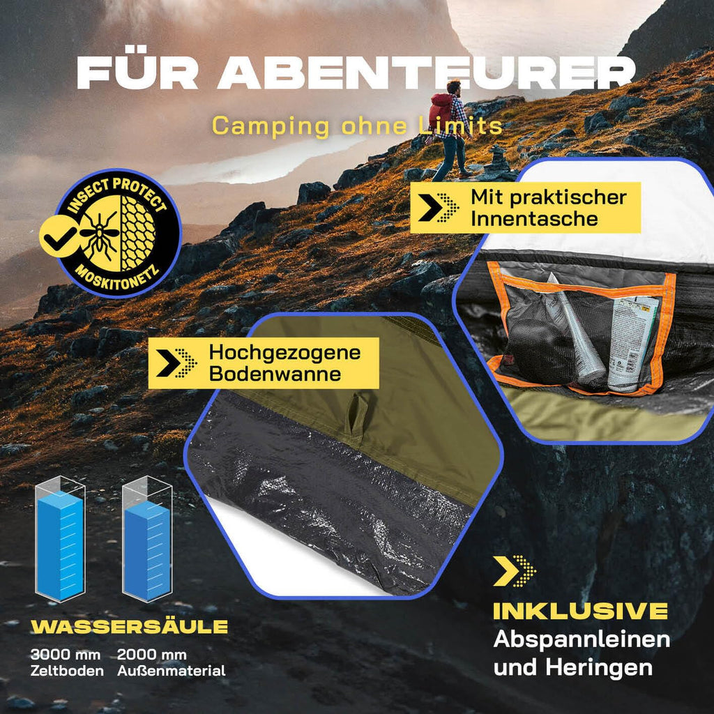 Where Tomorrow Pop Up Zelt | 2-3 Personen Zelt, 4 Personen Zelt oder 5-6 Personen Zelt | Wetterfestes Camping Zelt Regen, Schnee, Wind, Sand | mit hoher Bodenwanne, Moskitonetz, Dachlüftung