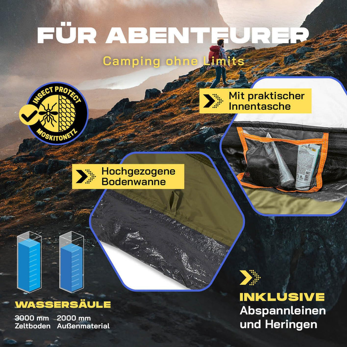 Where Tomorrow Pop Up Zelt | 2-3 Personen Zelt, 4 Personen Zelt oder 5-6 Personen Zelt | Wetterfestes Camping Zelt Regen, Schnee, Wind, Sand | mit hoher Bodenwanne, Moskitonetz, Dachlüftung
