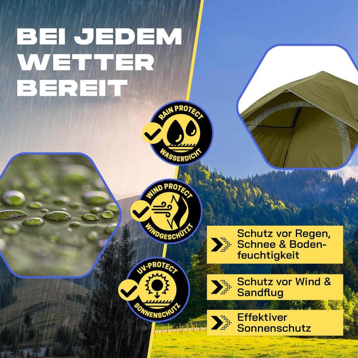 Where Tomorrow Pop Up Zelt | 2-3 Personen Zelt, 4 Personen Zelt oder 5-6 Personen Zelt | Wetterfestes Camping Zelt Regen, Schnee, Wind, Sand | mit hoher Bodenwanne, Moskitonetz, Dachlüftung