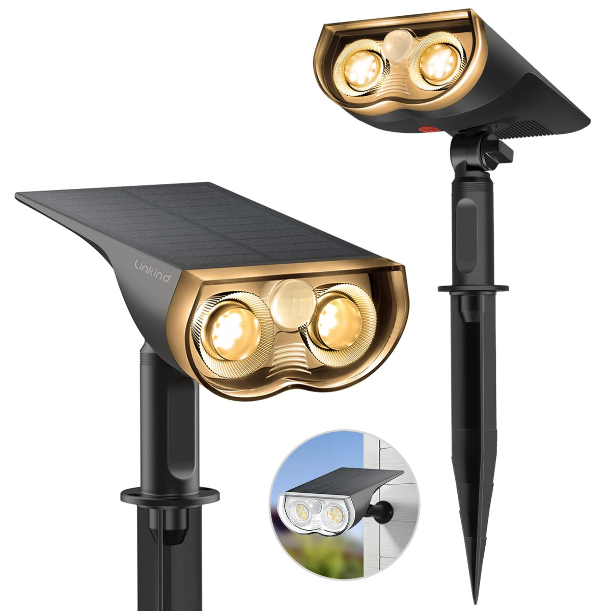 Linkind Solarlampen für außen mit Bewegungsmelder, 3 Modi& 2 Montage, 3000K Warmweiß Helle Solarleuchte 1000Lm IP67 Außenwandleuchte Garten StarRay für Einfahrt, Garage, 2 Stück