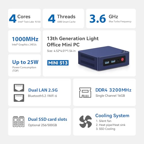Beelink MINI-S13 Mini PC, Intel Twin Lake-N150 Processor (bis zu 3.60GHz) Mini Computer, 16GB DDR4 500GB M.2 SSD Windows 11 Home Offoce Mini Desktop PC, 4K HDMI WiFi6/BT5.2/Dual 2.5G LAN