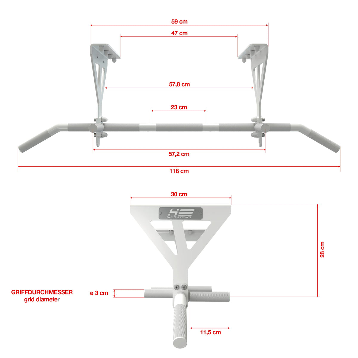 Klimmzugstange für Deckenmontage, HS-K-D6W, Weiss, Studiozulassung, 6 rutschfeste Griffe, Pull Up Übungen & mehr, inkl. E-Book & Montagematerial, extrem stabil