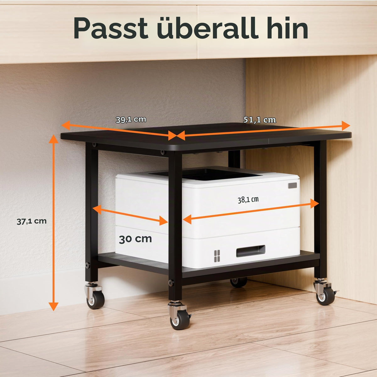 niffgaff Druckertisch mit feststellbaren Rollen, 2 Ebenen Druckerständer, Rollbarer Druckerwagen aus Holz & Metall, 51 × 39 × 37 cm, Kompakter Printer Stand für Home Office, Schwarz