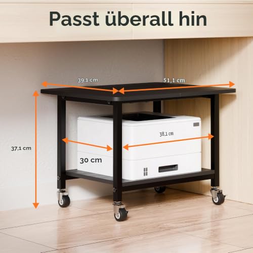 niffgaff Druckertisch mit feststellbaren Rollen, 2 Ebenen Druckerständer, Rollbarer Druckerwagen aus Holz & Metall, 51 × 39 × 37 cm, Kompakter Printer Stand für Home Office, Schwarz