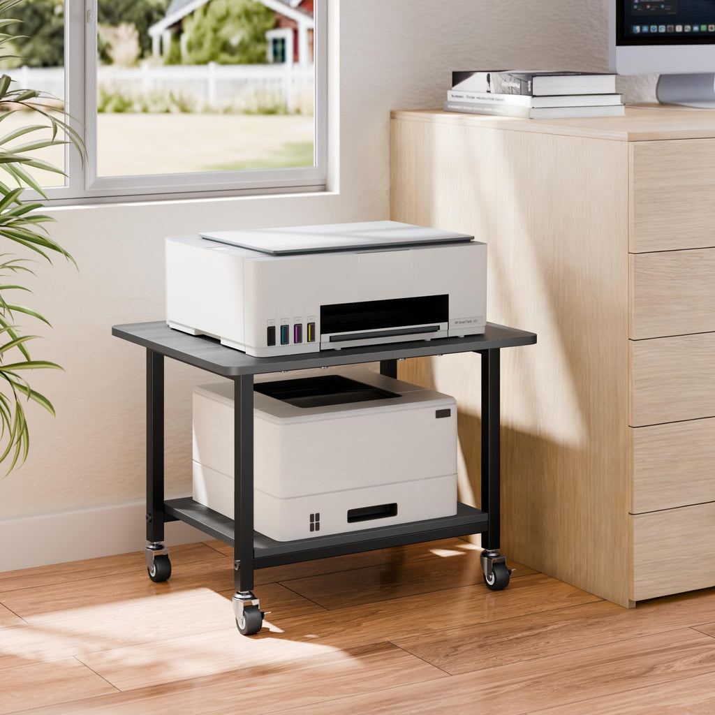 niffgaff Druckertisch mit feststellbaren Rollen, 2 Ebenen Druckerständer, Rollbarer Druckerwagen aus Holz & Metall, 51 × 39 × 37 cm, Kompakter Printer Stand für Home Office, Schwarz