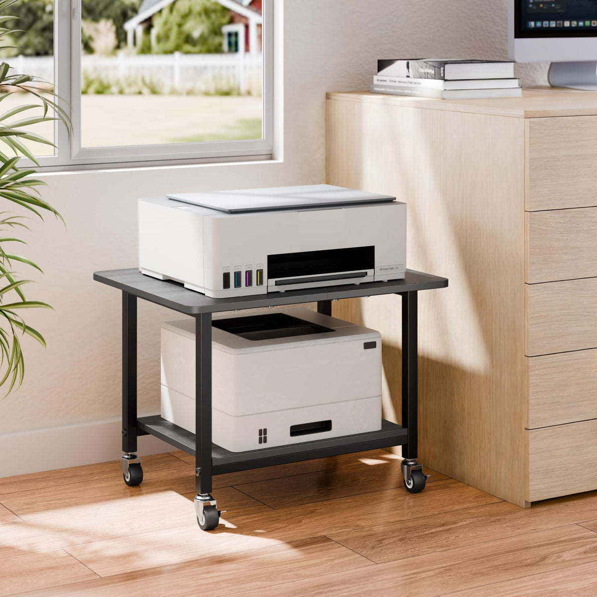 niffgaff Druckertisch mit feststellbaren Rollen, 2 Ebenen Druckerständer, Rollbarer Druckerwagen aus Holz & Metall, 51 × 39 × 37 cm, Kompakter Printer Stand für Home Office, Schwarz