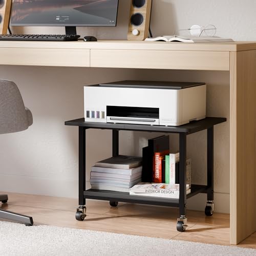 niffgaff Druckertisch mit feststellbaren Rollen, 2 Ebenen Druckerständer, Rollbarer Druckerwagen aus Holz & Metall, 51 × 39 × 37 cm, Kompakter Printer Stand für Home Office, Schwarz