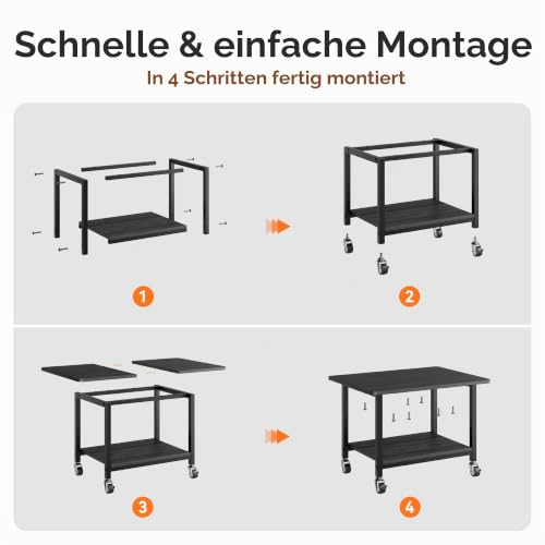 niffgaff Druckertisch mit feststellbaren Rollen, 2 Ebenen Druckerständer, Rollbarer Druckerwagen aus Holz & Metall, 51 × 39 × 37 cm, Kompakter Printer Stand für Home Office, Schwarz
