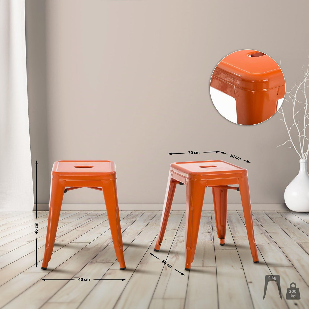 CLP Hocker Armin I Metallhocker stapelbar und pflegeleicht I Stapelhocker bis 200 kg belastbar I Sitzhöhe 46 cm | Farbe orange